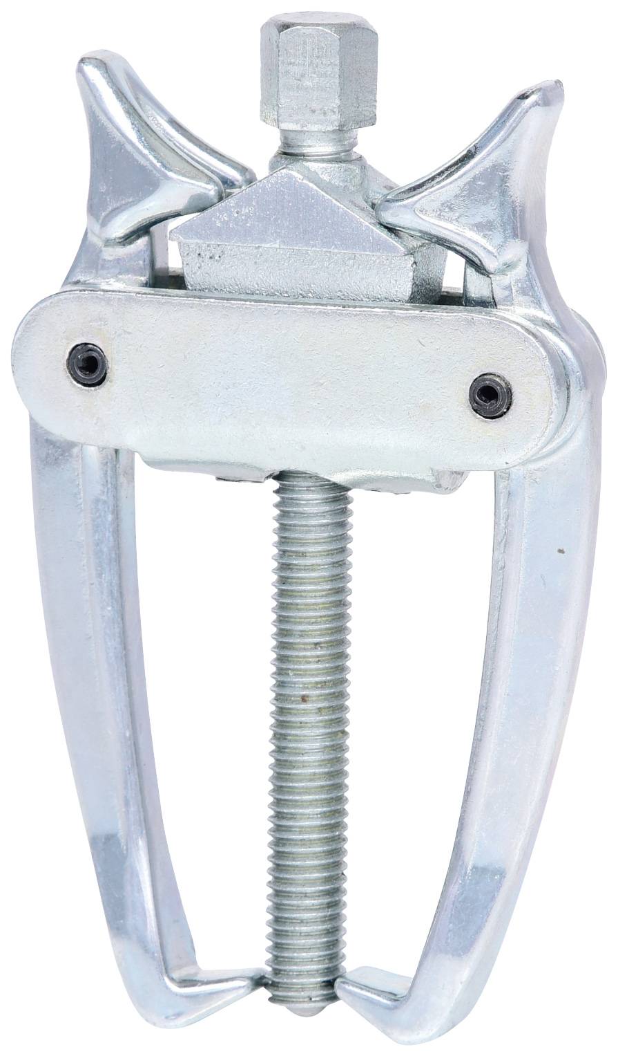 A metal two-arm puller with a central screw, used for removing seized parts such as gears or bearings.