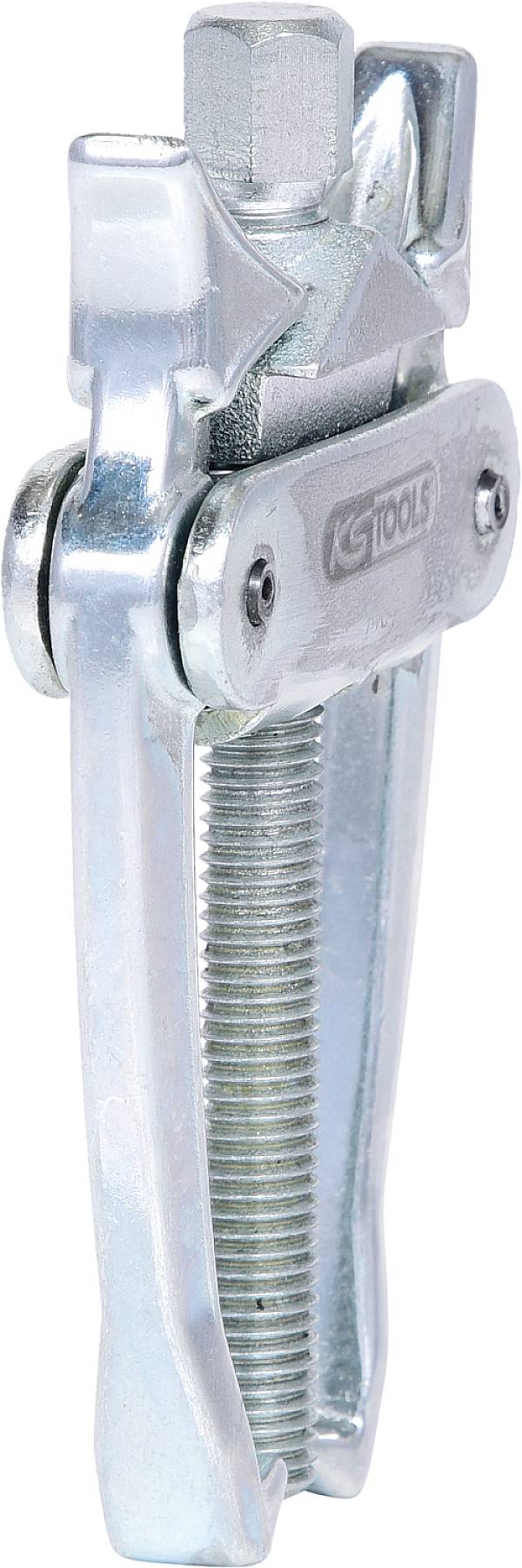 Close-up of a three-legged metal puller, a tool used for removing gears, bearings or similar components.