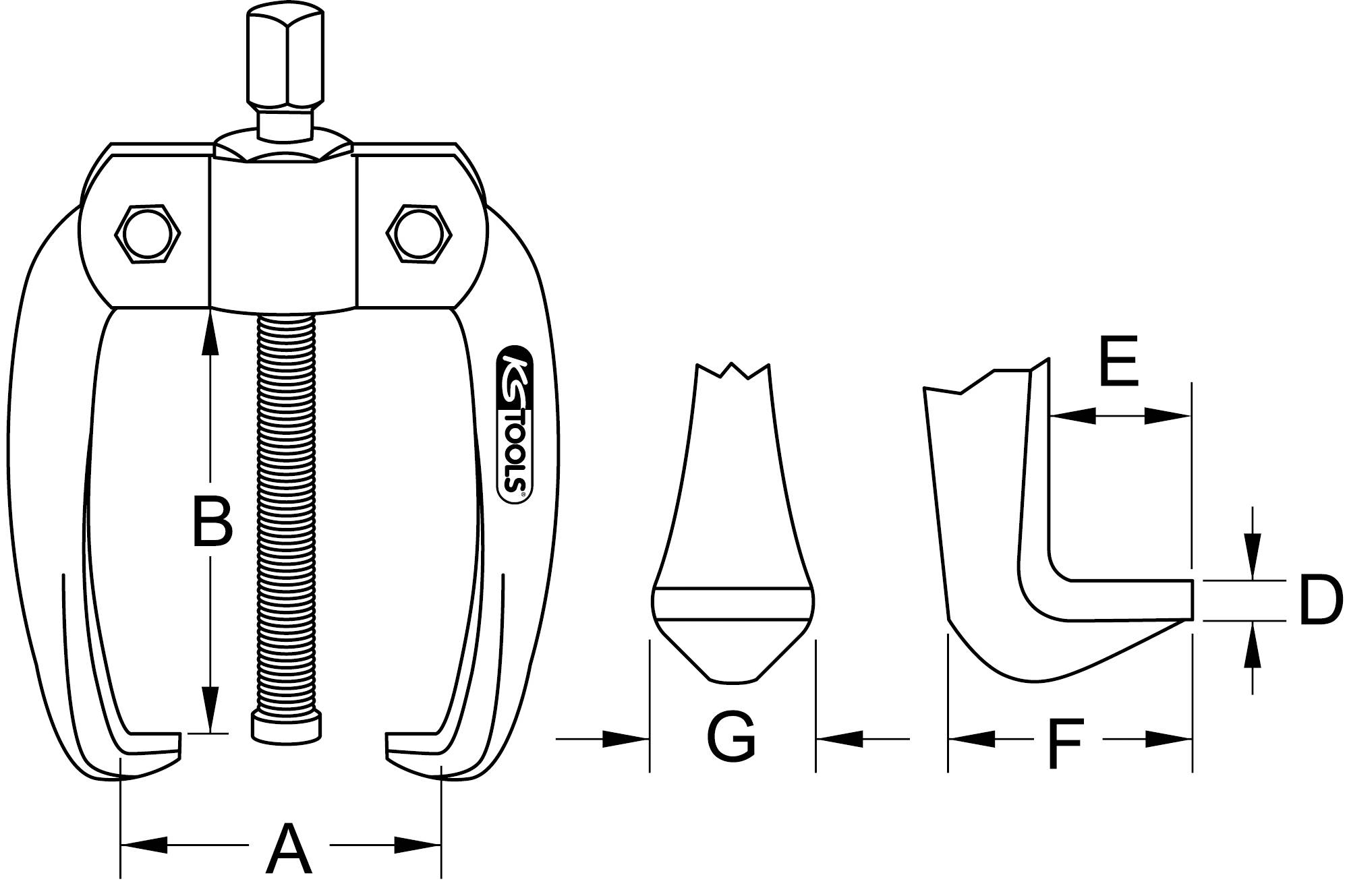 Technical drawing of a two-pronged puller with screw mechanism, including dimensions A, B, D, E, F and G.