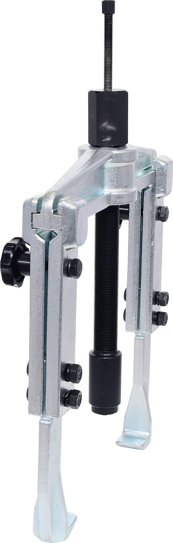 Two-legged metal puller, used for removing bearings or gears, with a central screw for applying force.