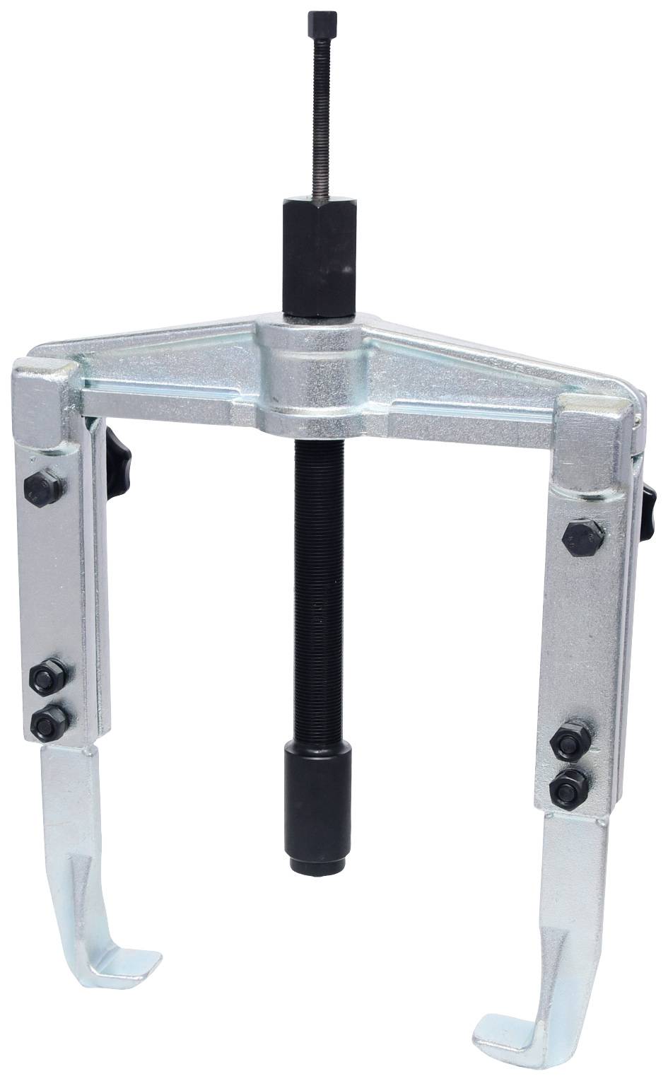 A three-legged metal puller with adjustable arms, used for removing bearings or gears from shafts.