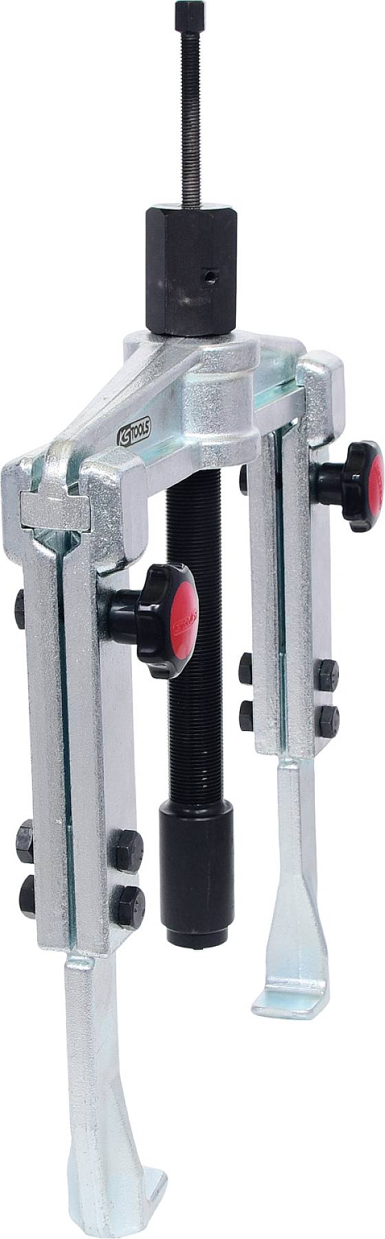 A silver three-arm puller with red buttons, used for removing bearings and gears.