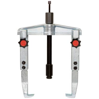 A two-legged metal puller with two red screw knobs for adjusting the gripping arms, suitable for removing stuck parts.