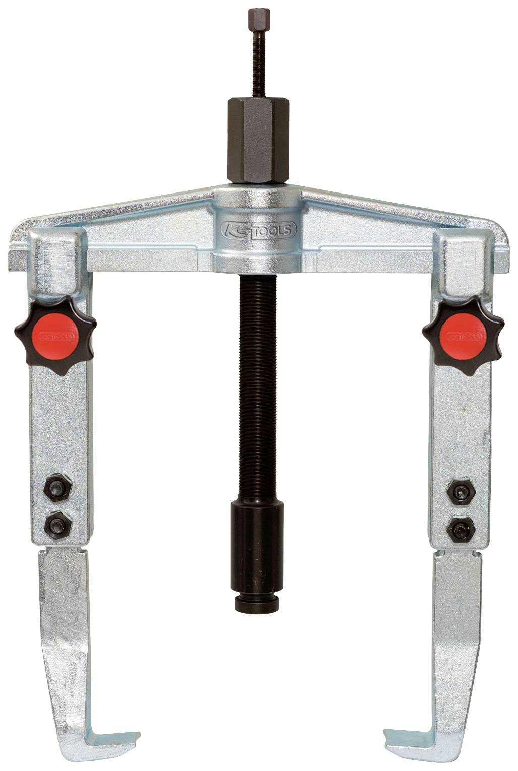 Two-arm puller with metal handle and red turning knobs, used for removing tightly fitted parts such as ball bearings or gears.