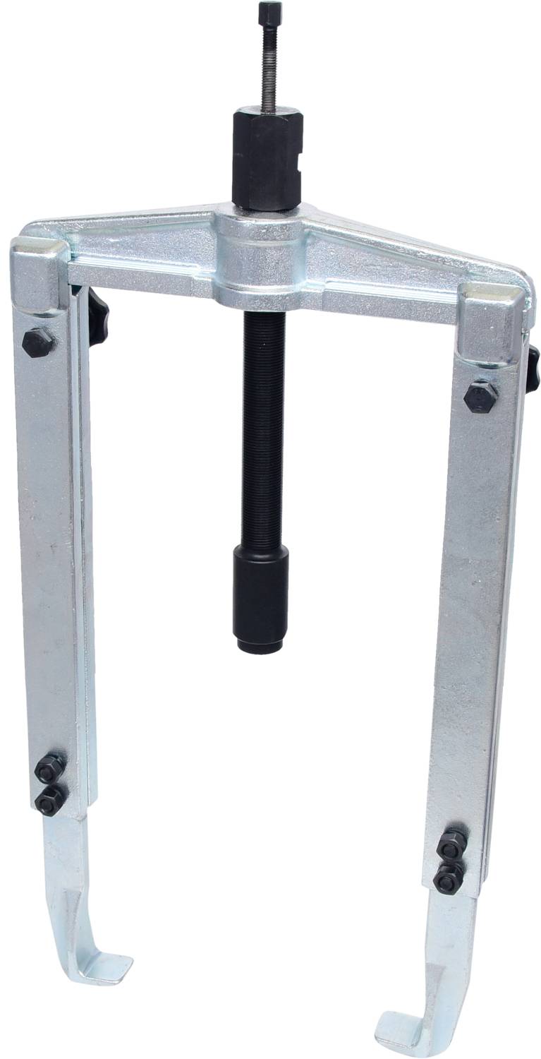 A two-legged metal puller used for removing dental or belt pulleys.