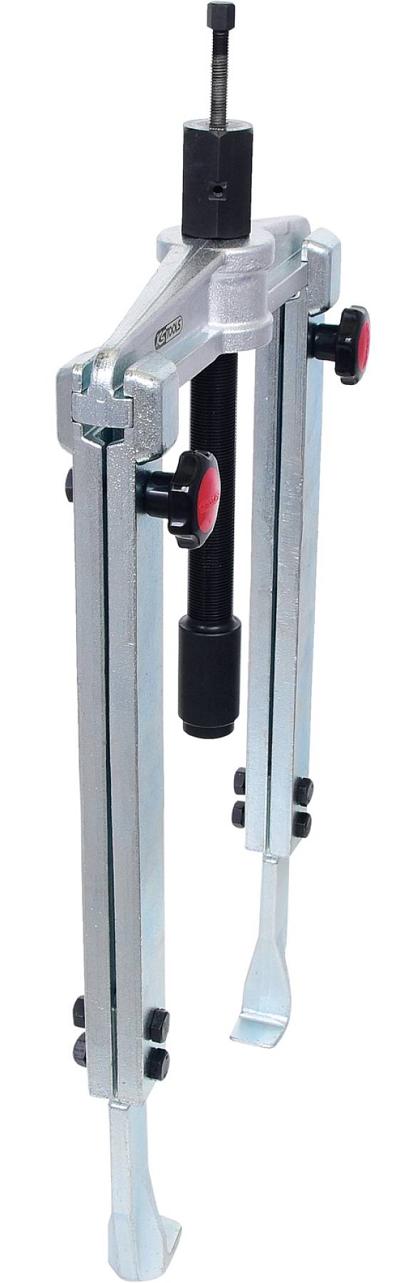 Metallic three-armed puller with red buttons, standing upright, designed for dismantling bearings or gears.