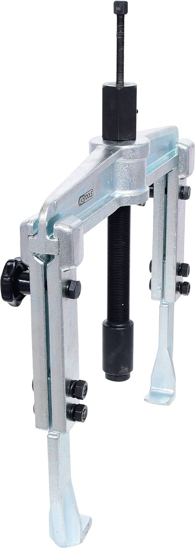 A silver two-armed puller used for removing parts from shafts. The screw at the top evenly centralises the force.