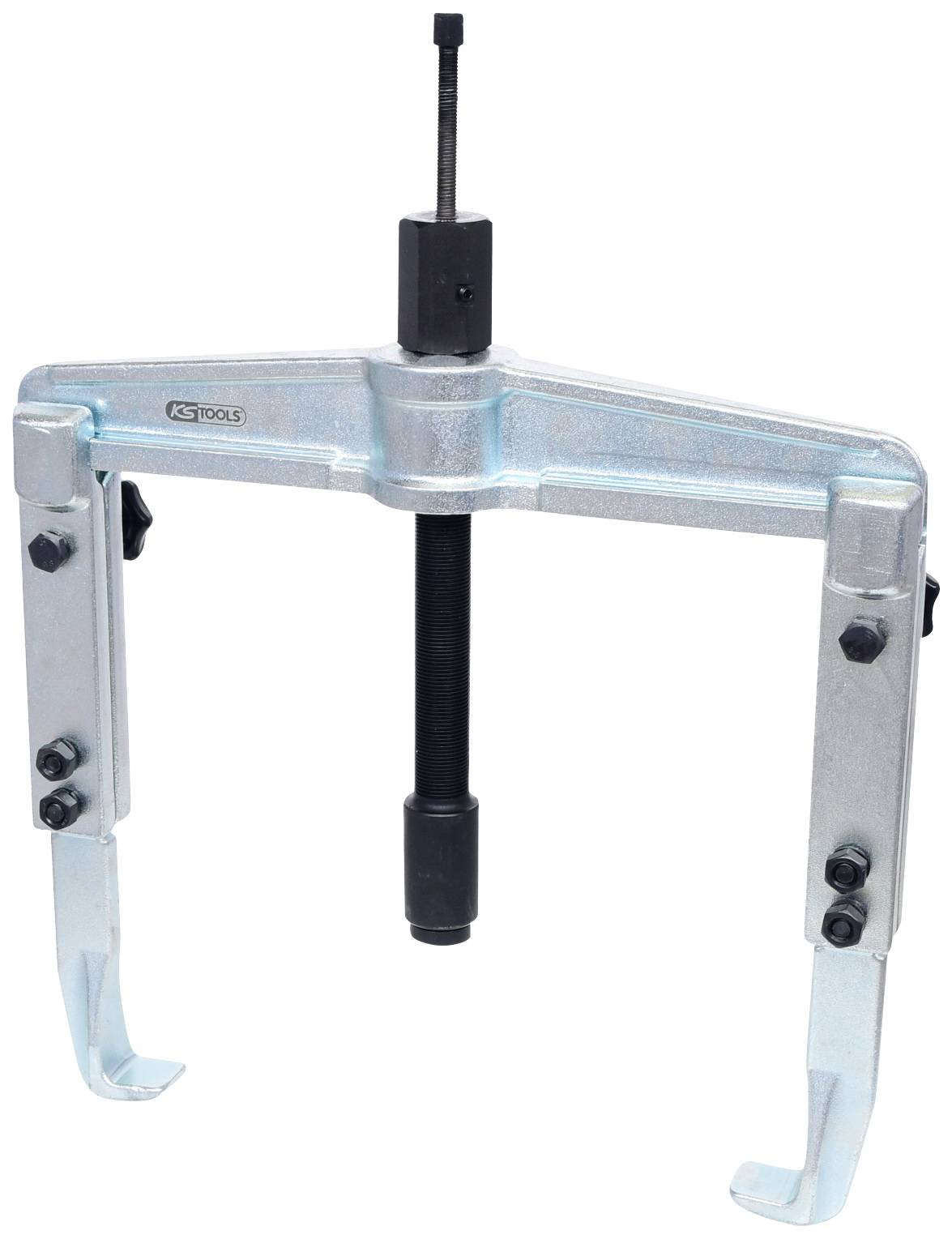 Two-hook puller tool with a central screw, designed for removing tightly fitted components such as gears or bearings from a shaft.