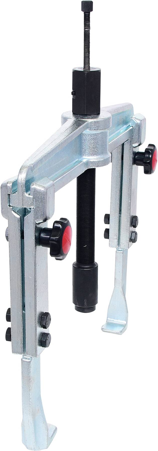 Metallic three-arm puller with red buttons, used for removing components such as gears or bearings.