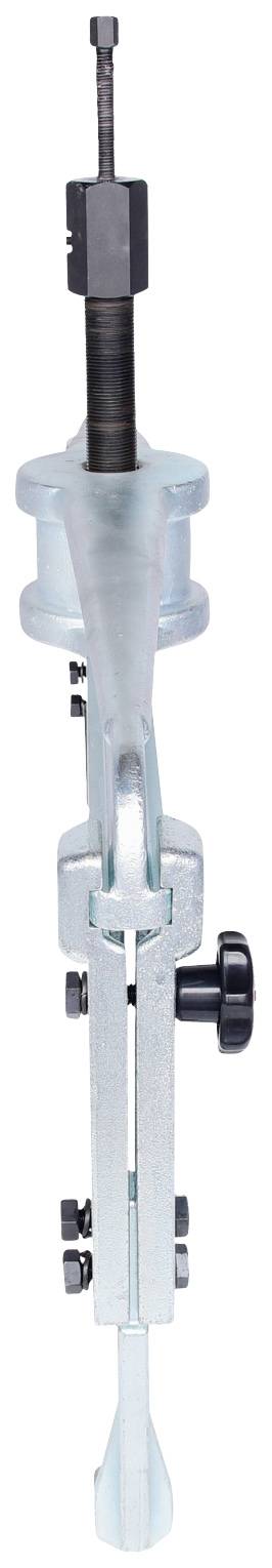 A silver metal extractor, comprising a central thread, two handles, and a rotating knob for removing parts.