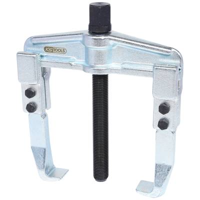 Metal puller with two arms and a central screw. Used for removing tightly fitted parts in machinery or vehicles.