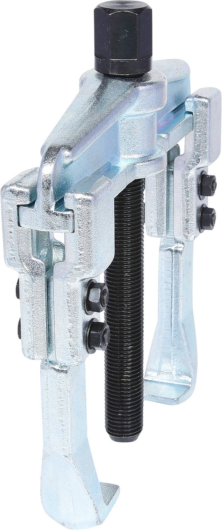 A metallic puller with two arms and a screw mechanism, used for removing bearings or gears.