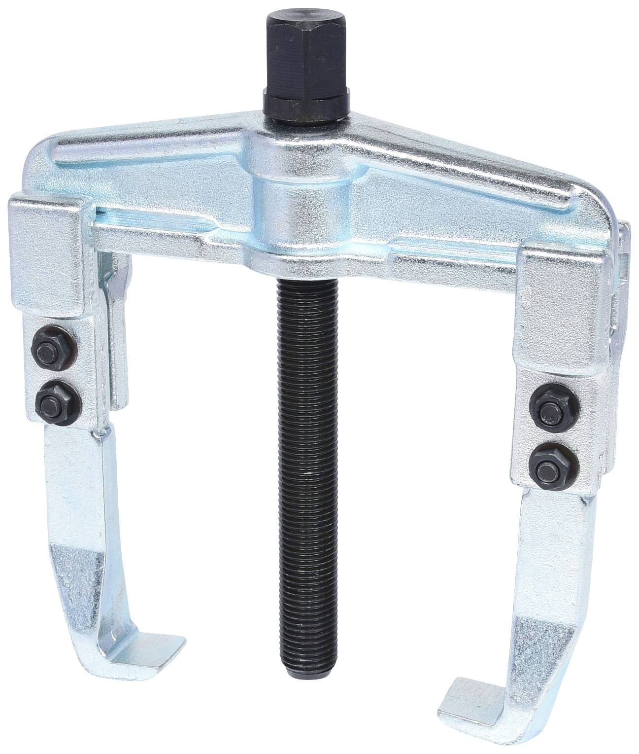 Silver two-arm puller with black threaded spindle, used for removing tight-fitting parts such as gears or bearings.