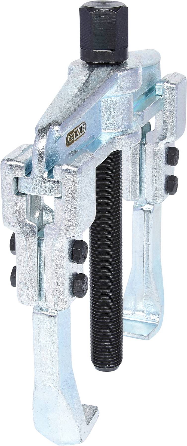 Metallic puller with three sturdy arms and a central screw for force transmission, commonly used in automotive repair.