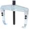 Two-hook metal puller with a central screw for removing bearings or gears.
