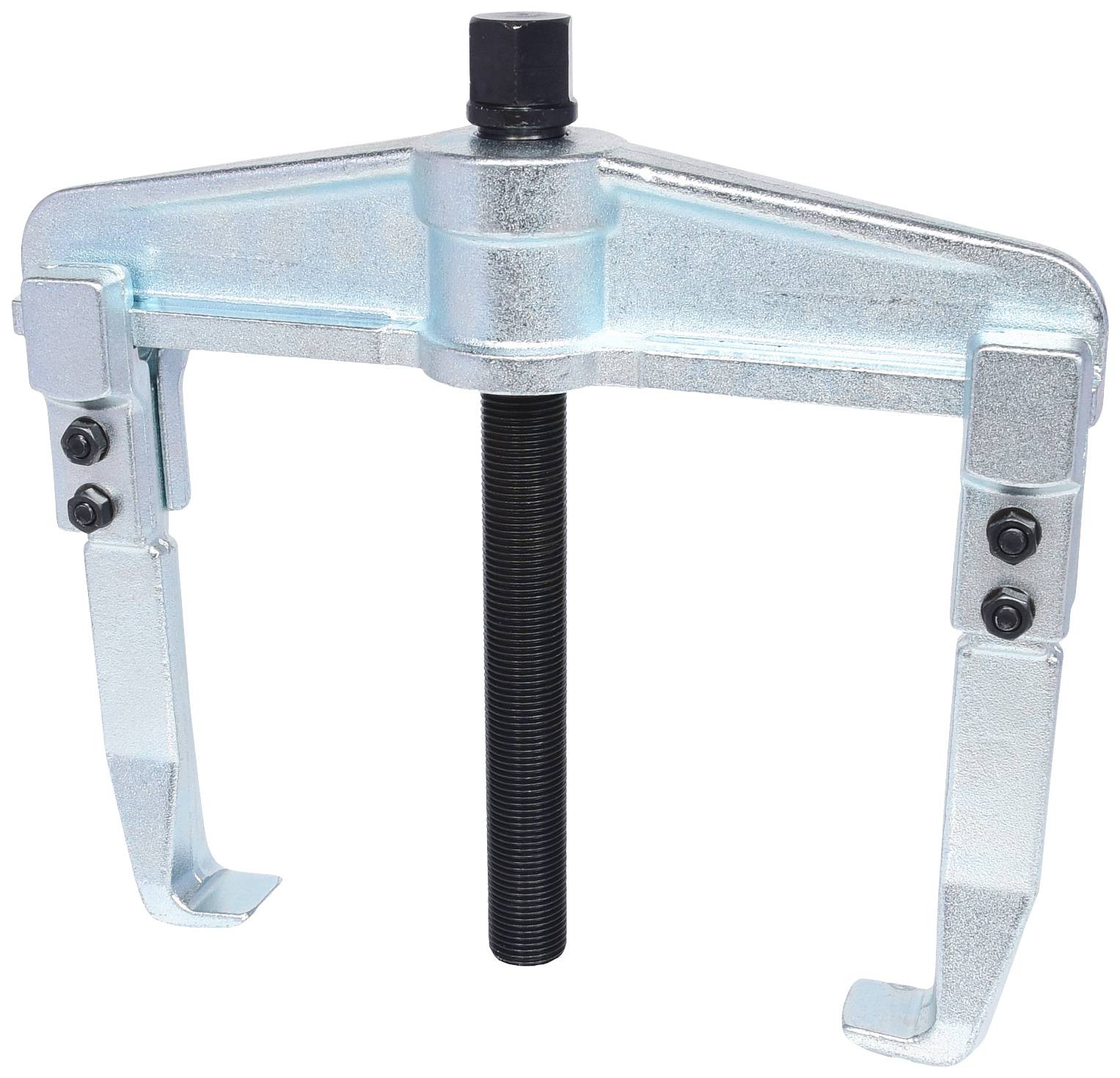 A silver puller with two adjustable arms and a central screw. Used to remove objects from an axis.