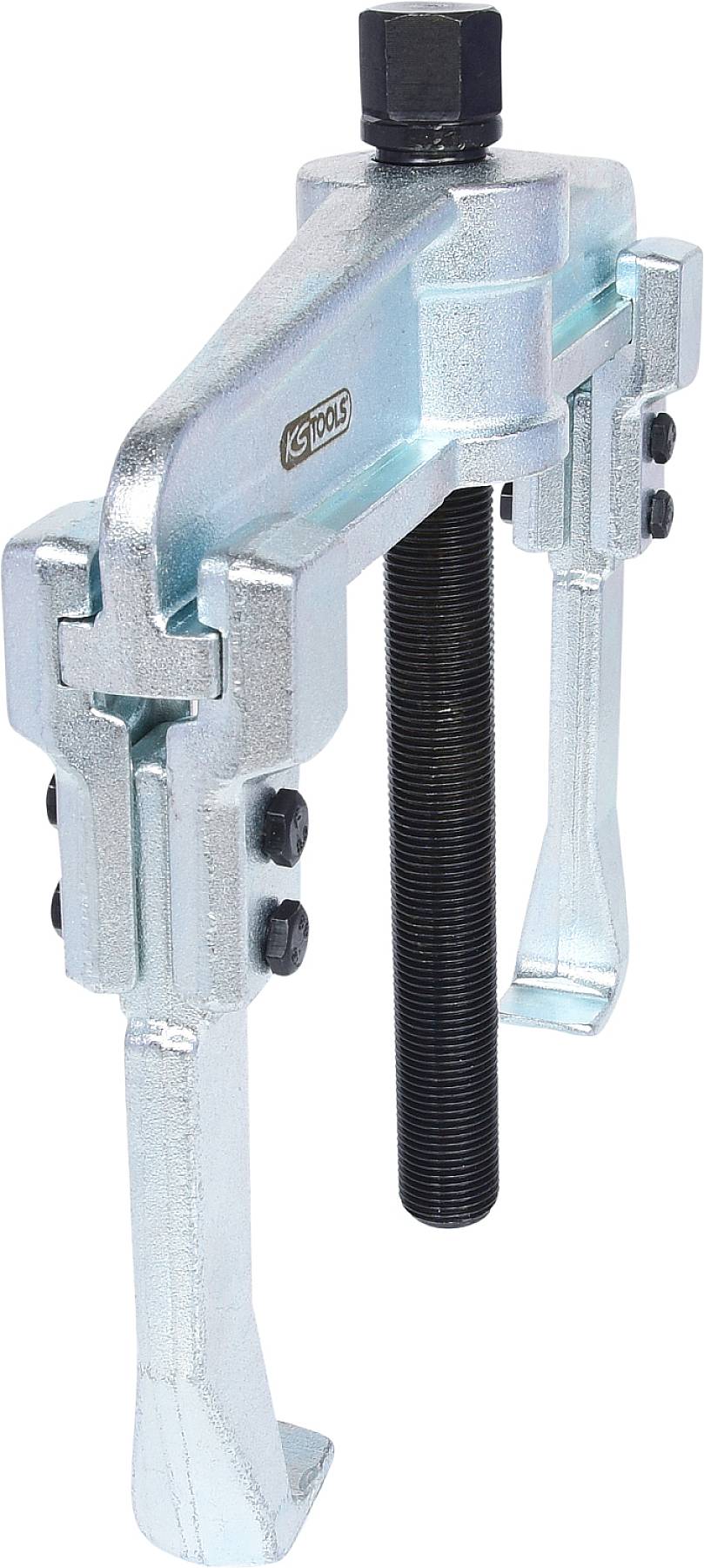 Two-legged metal puller with screw mechanism, used for removing gears or bearings from shafts.