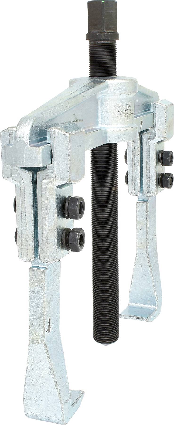 A silver-coloured puller with two arms and a central screw, commonly used for removing gears or bearings.