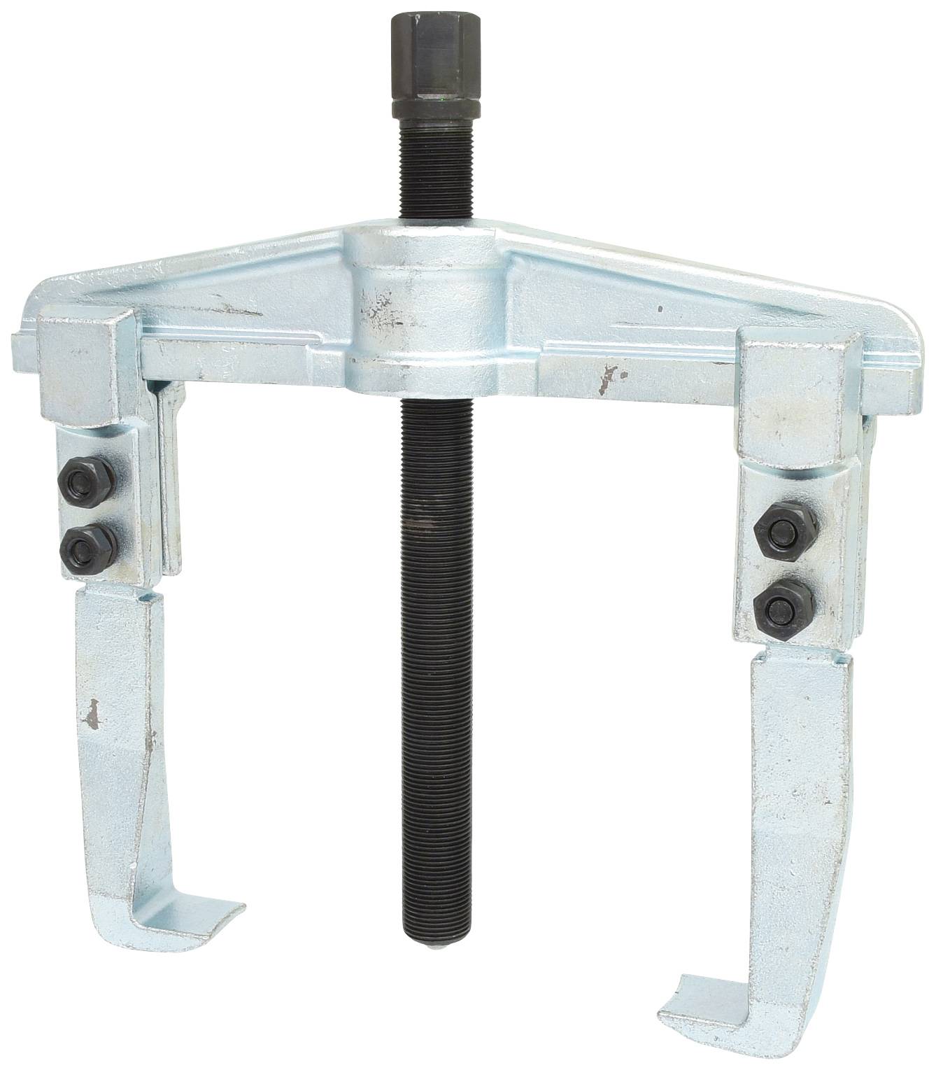 A puller tool with a solid metal body and two hooks, used for removing bearings or gears.