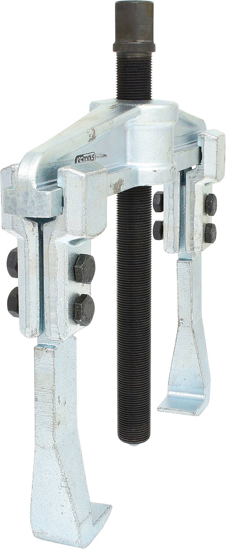 A heavy-duty, metallic puller with two jaws and a central threaded bolt, used for removing bearings or gears.