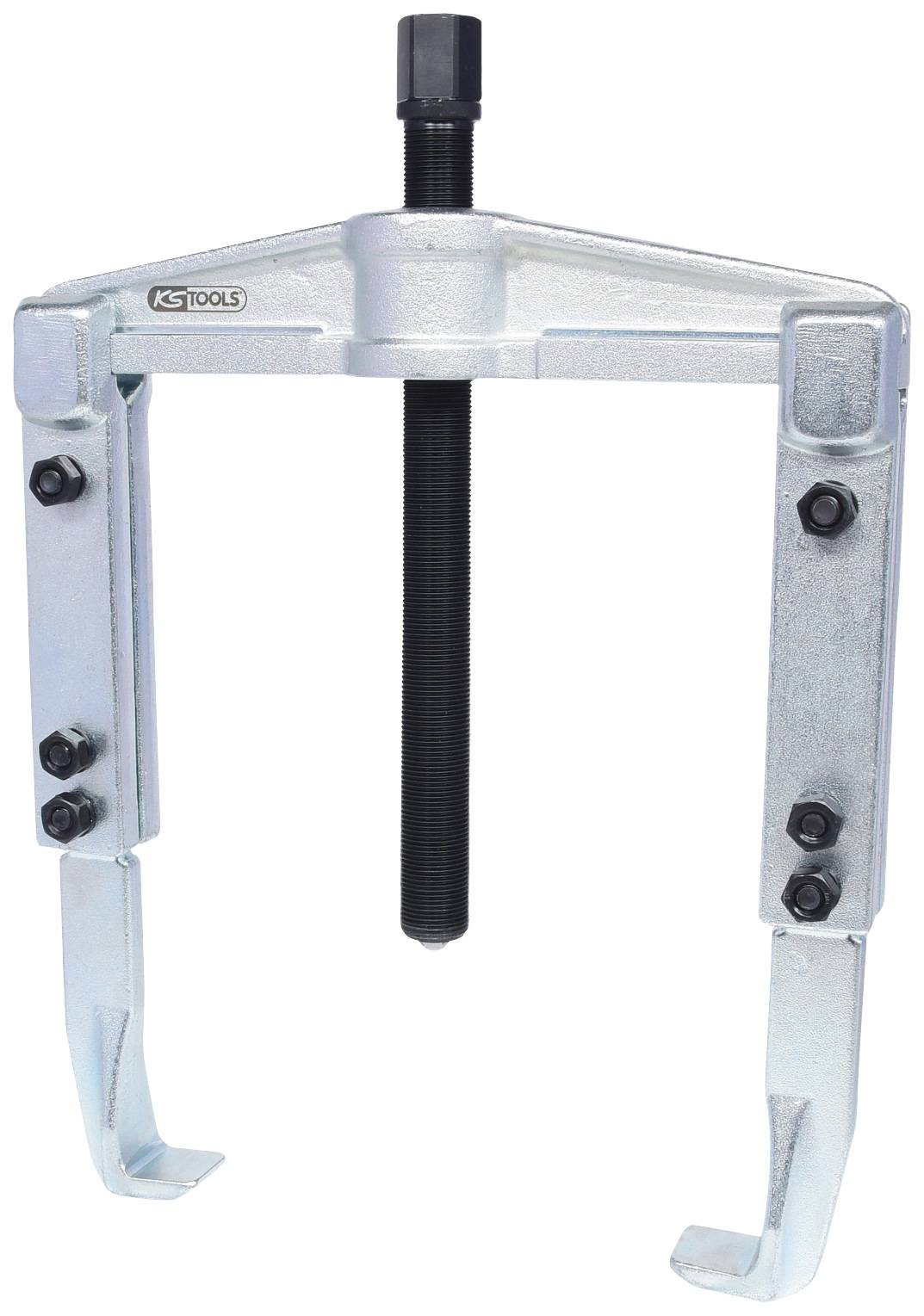 Hydraulic two-arm puller, silver metal, by KS Tools. Used for removing stuck components from shafts.