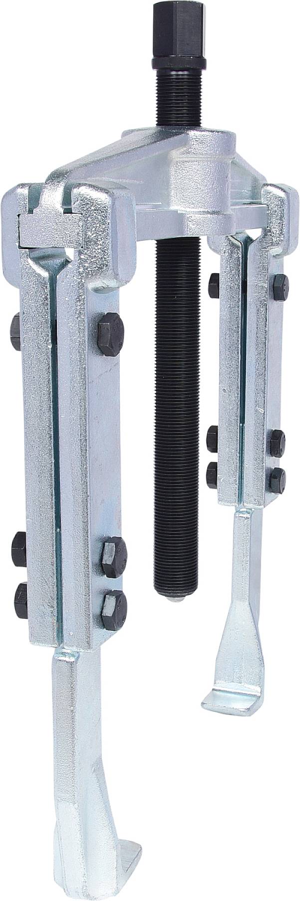 A silver two-armed puller with a centrally positioned black screw mechanism, used for removing gears or bearings.