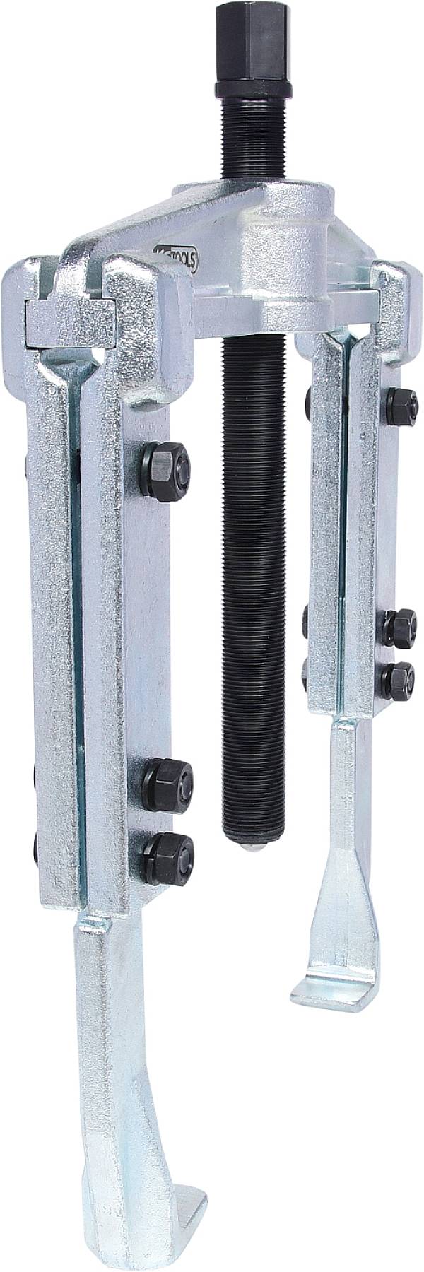 A three-legged metal puller, characterised by robust construction and a screw mechanism, suitable for removing tight-fitting components.