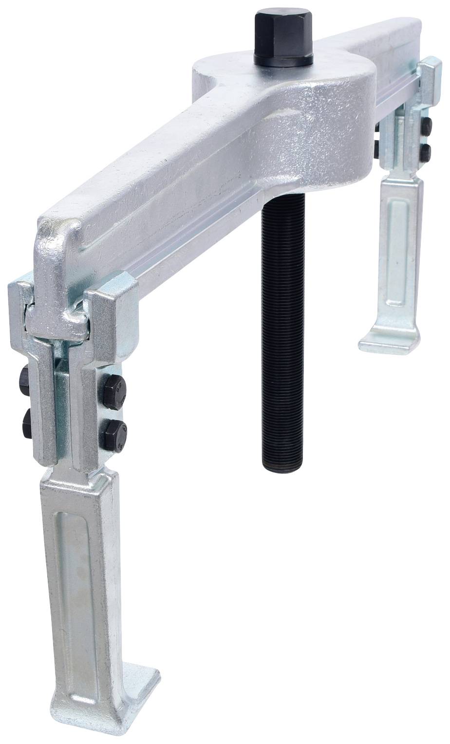 Two-armed puller with adjustable arms and a central threaded bolt, used for removing stubborn parts.