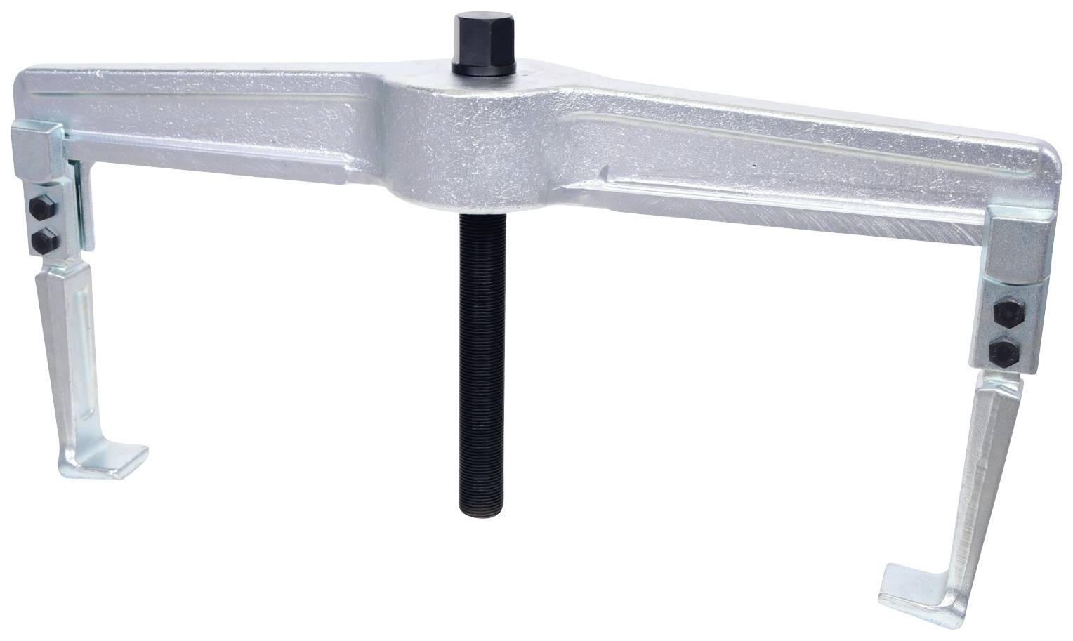 A metallic puller with two adjustable arms and a central screw, positioned against a white background.