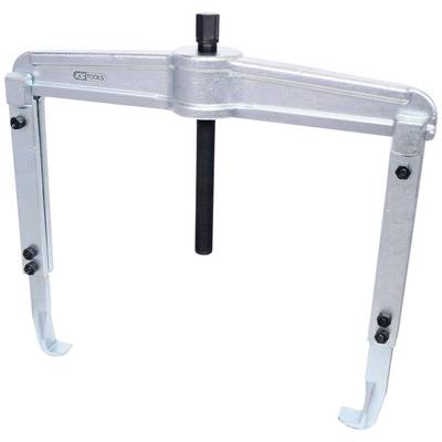 A silver two-arm puller with a central screw, used for removing components such as bearings or gears.