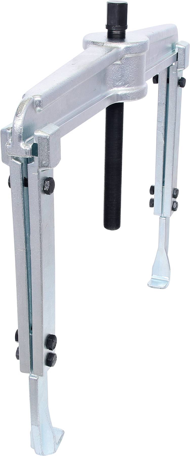 A two-legged metal puller with a centrally positioned threaded bolt, used for extracting bearings or gears.