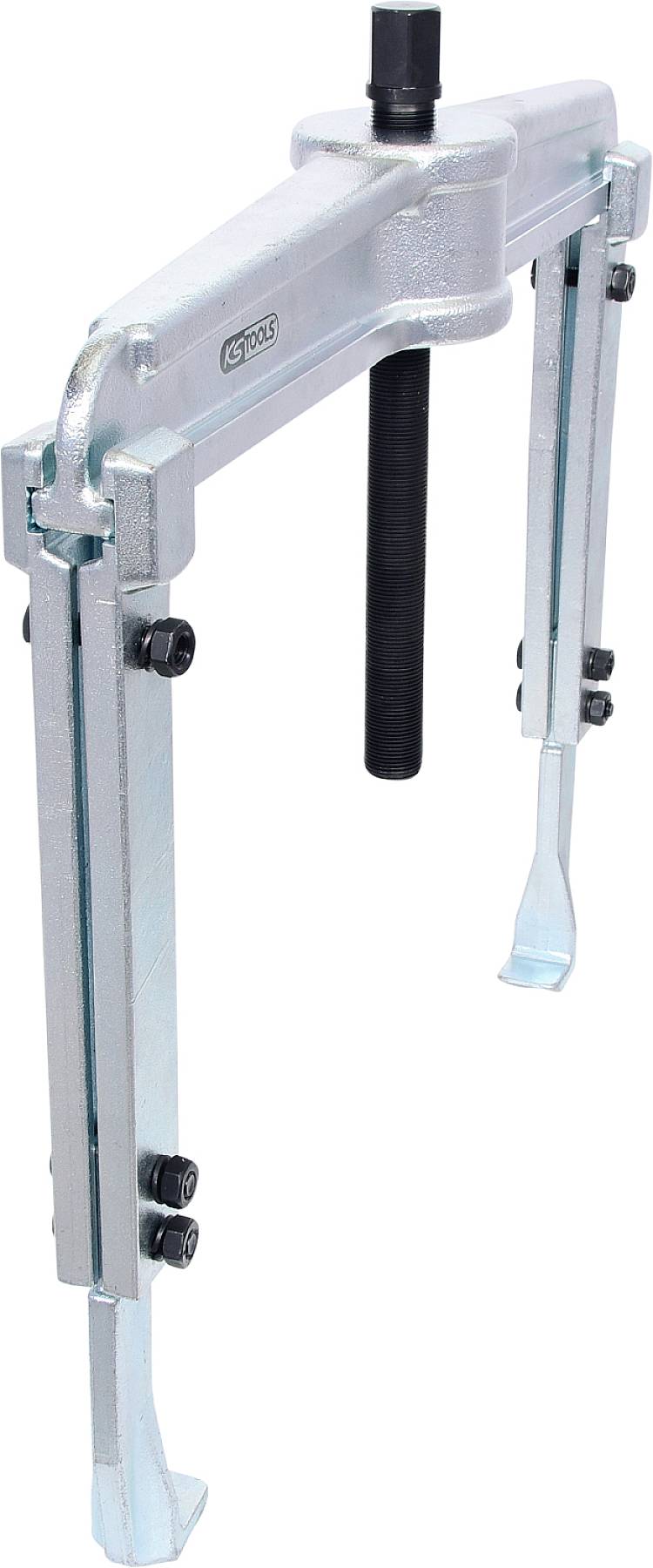 A metallic puller, used for removing bearings or gears from shafts, with adjustable arms and screw.