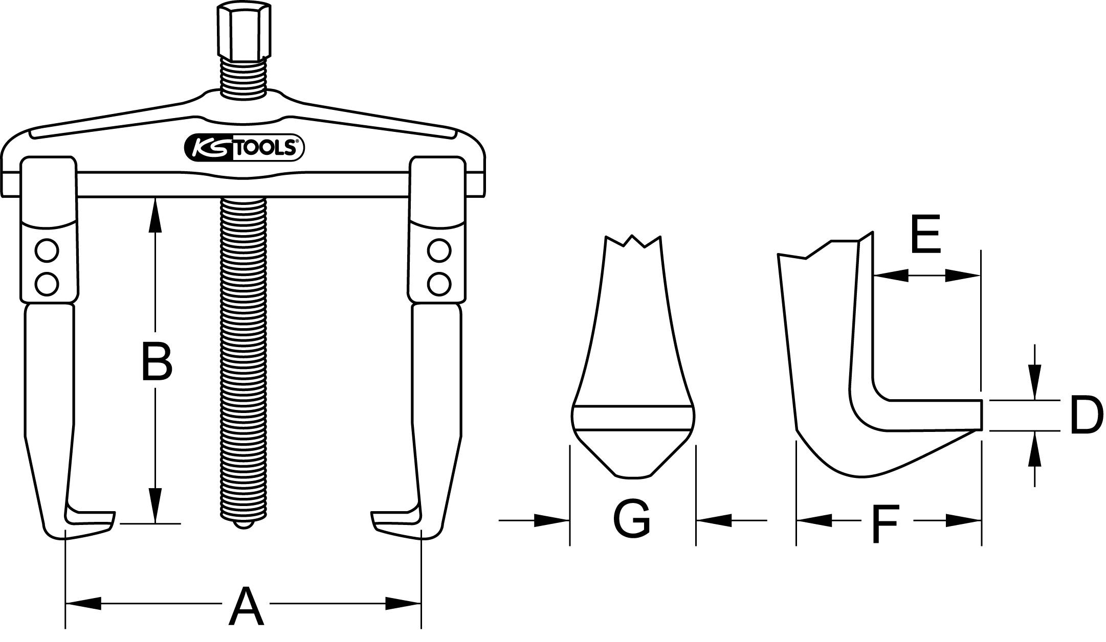 Figure of a two-armed puller. Dimensional drawings indicate measurements A, B, D, E, F and G. Used for vehicle repairs.