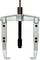 Two-legged metal puller with adjustable span, for removing bearings or gears from a shaft.