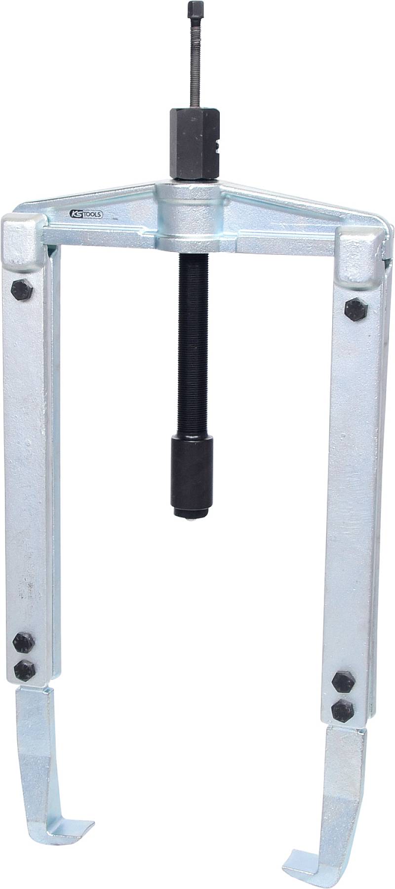 Extraction device with two robust arms for removing bearings or pulleys, central spindle mechanism visible.