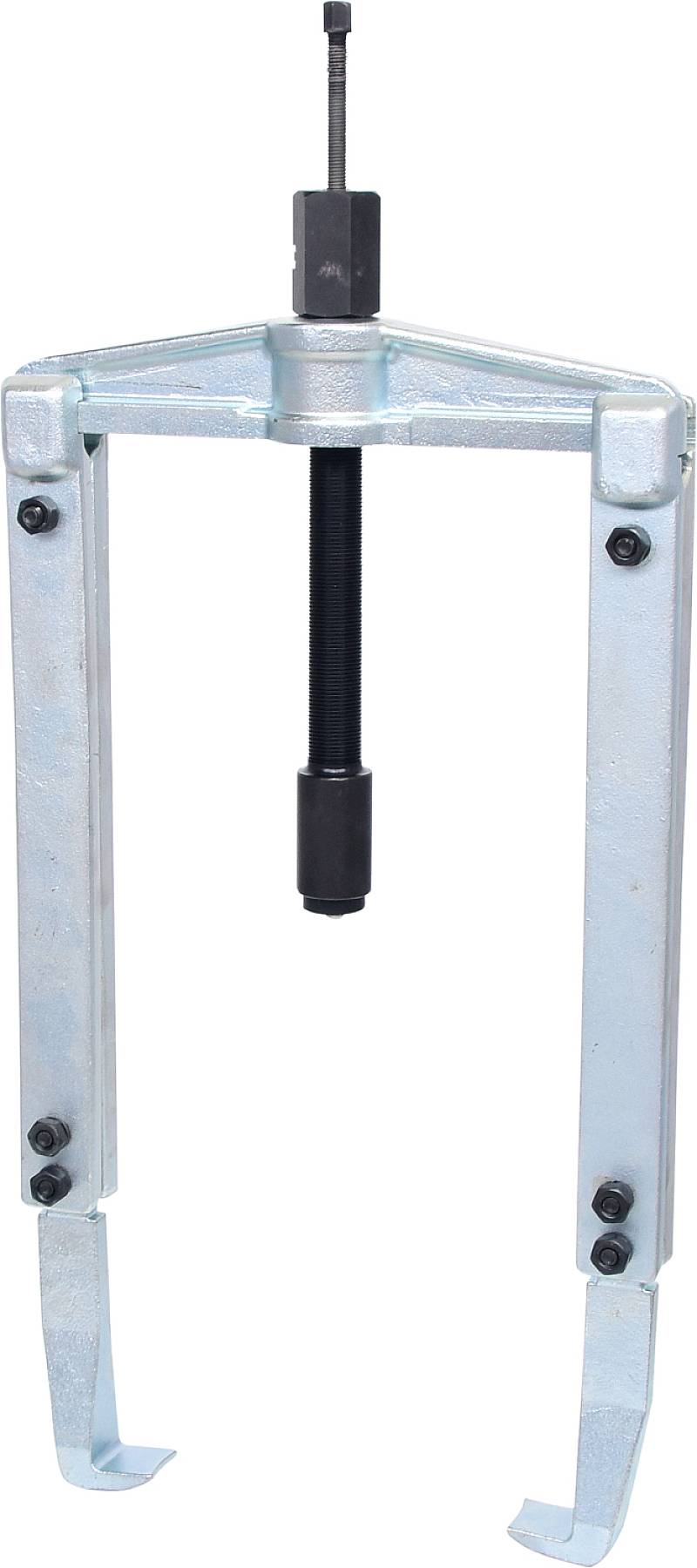A metallic three-jaw puller with adjustable arms and screw, used for removing bearings or gears from a shaft.