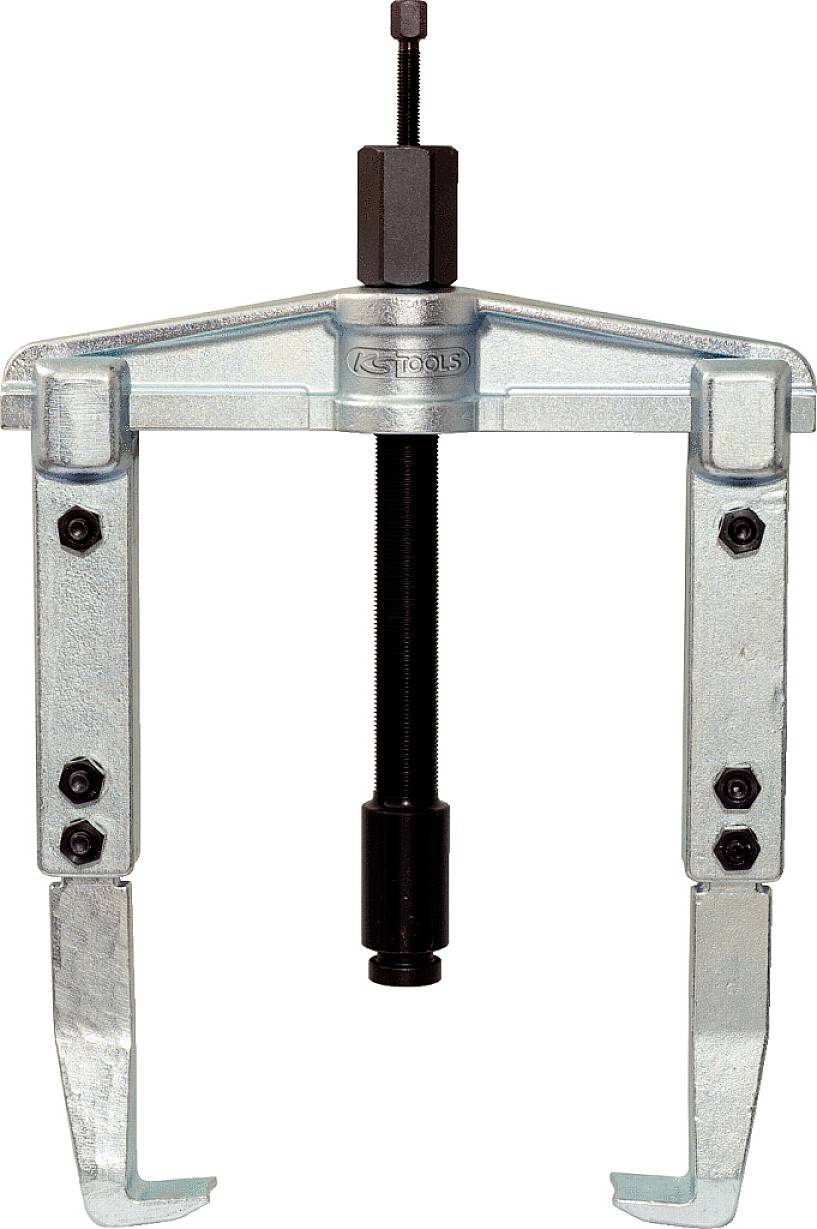 A silver puller with black screws and levers, used for removing bearings or gears from axles.