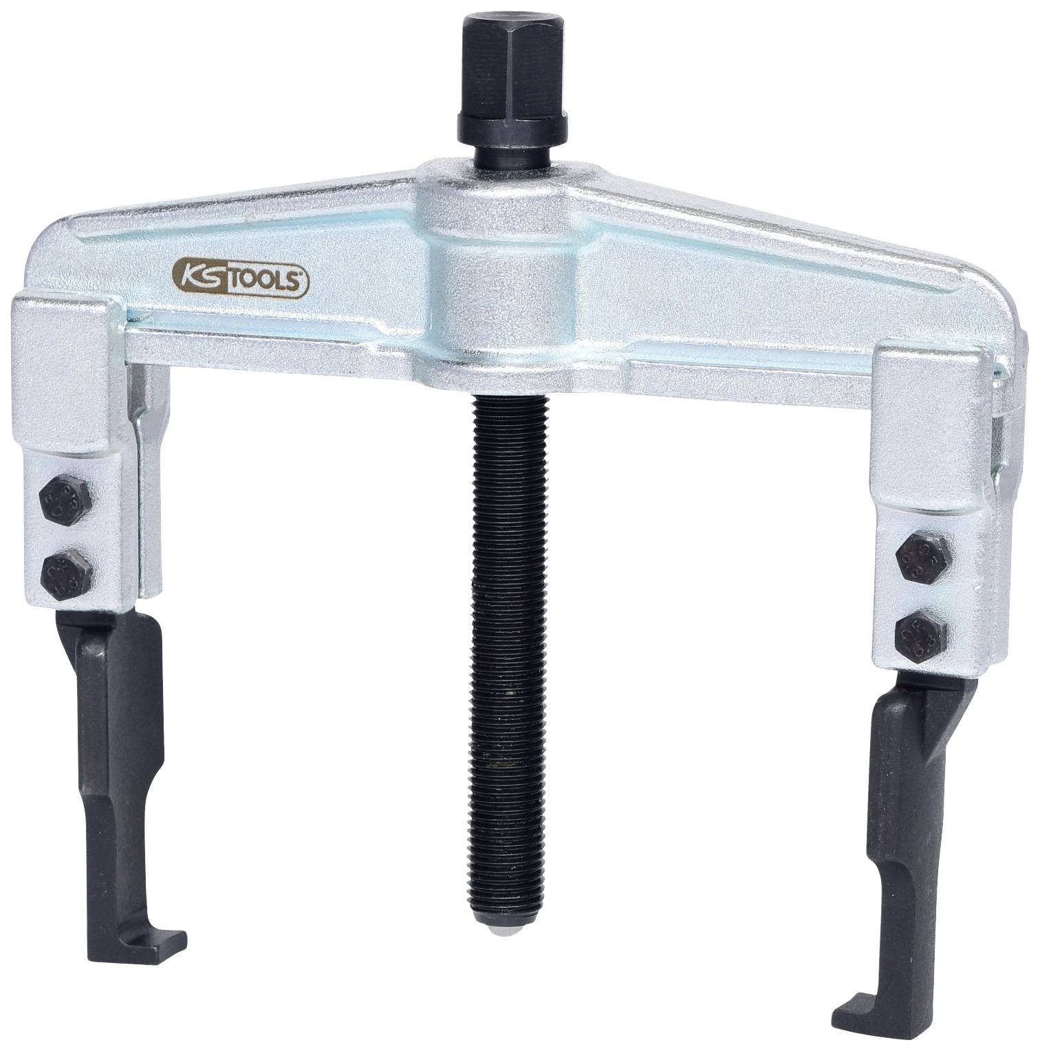 Two-leg puller tool made of metal with clamping screws, used for removing bearings or gears from shafts.