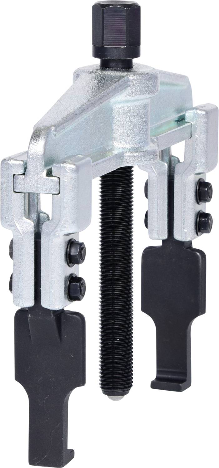 Two-arm metal puller with central screw for removing bearings or other components.