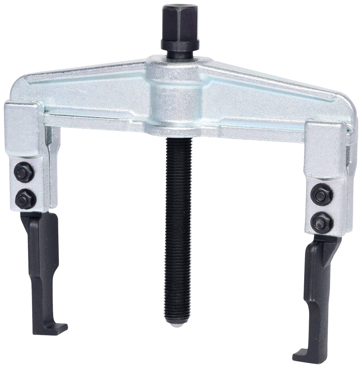 A two-legged puller with adjustable arms and a central screw mechanism for removing seized bearings or gears.