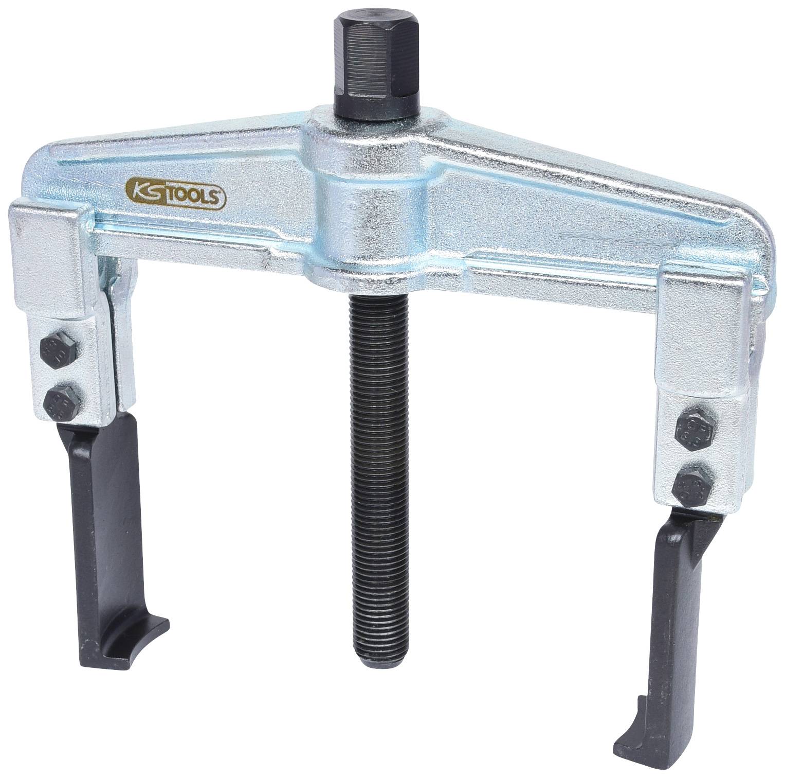 A silver puller by 'KS Tools' with a two-legged construction and central spindle, used for removing bearings or gears.