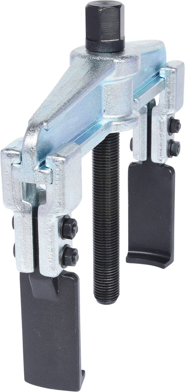 A two-jaw metal puller with a black handle and central screw for removing components in mechanical applications.