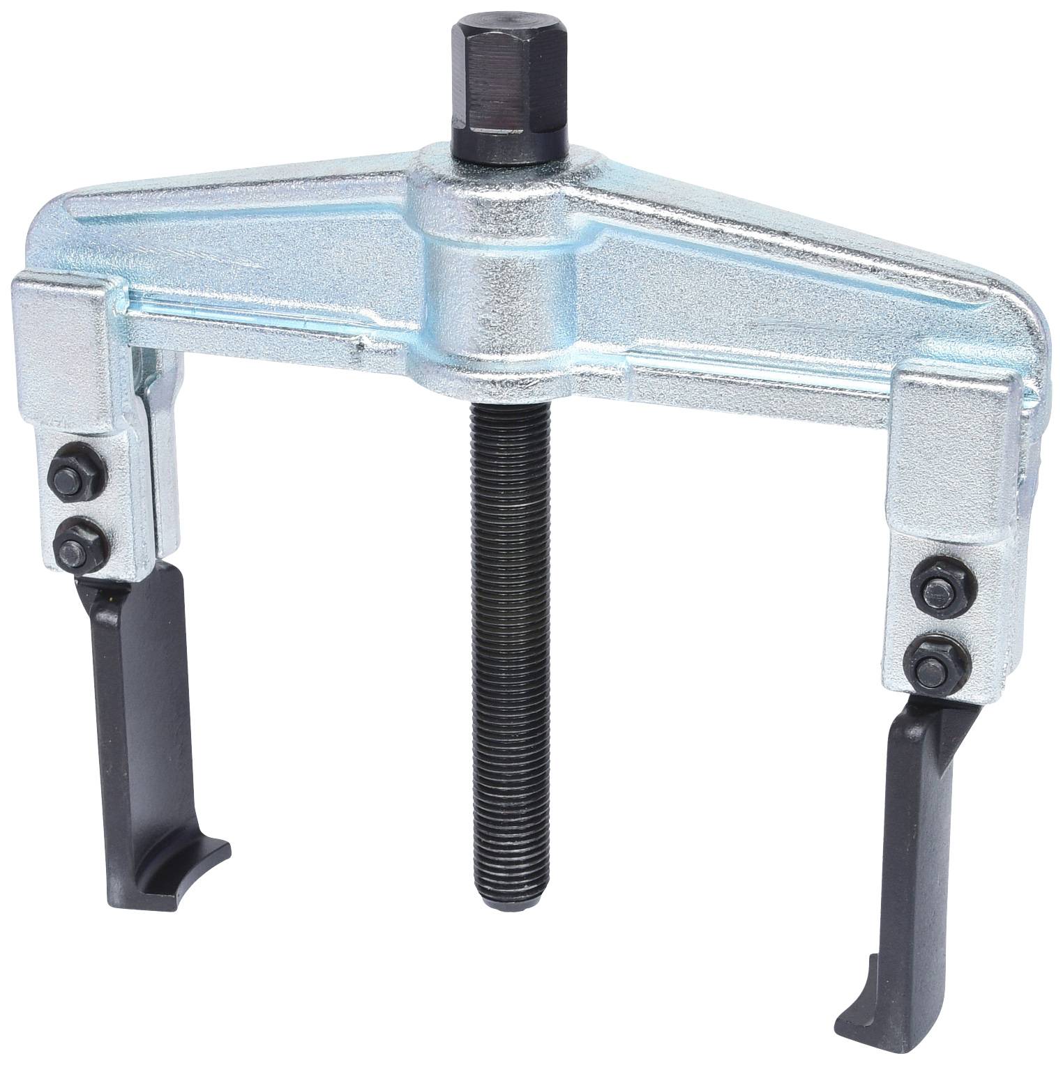 A mechanical puller with two hooks and a central screw, designed for removing stuck parts in technical applications.