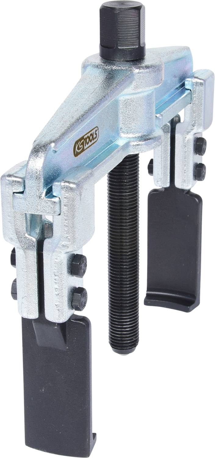 A silver-coloured puller with black-coated gripping arms and a central screw. Tool for removing bearings or gears.