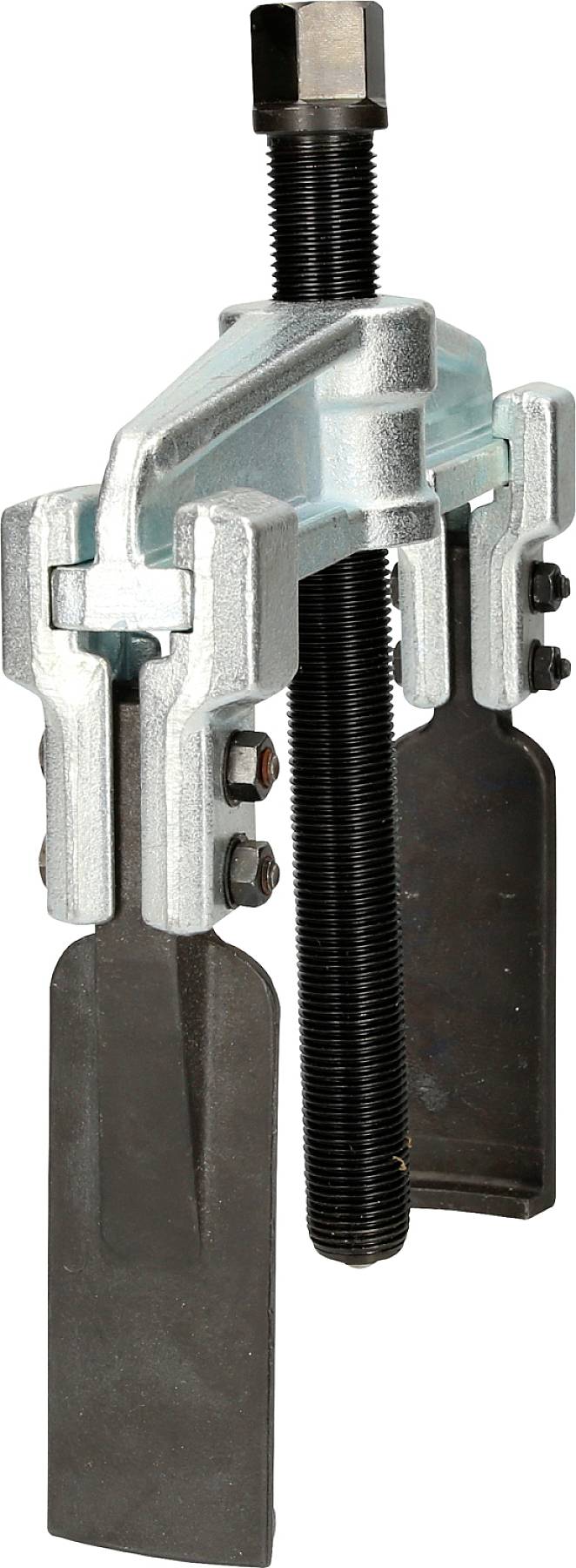 A metallic puller with two gripping arms and a central threaded rod for removing seized parts.
