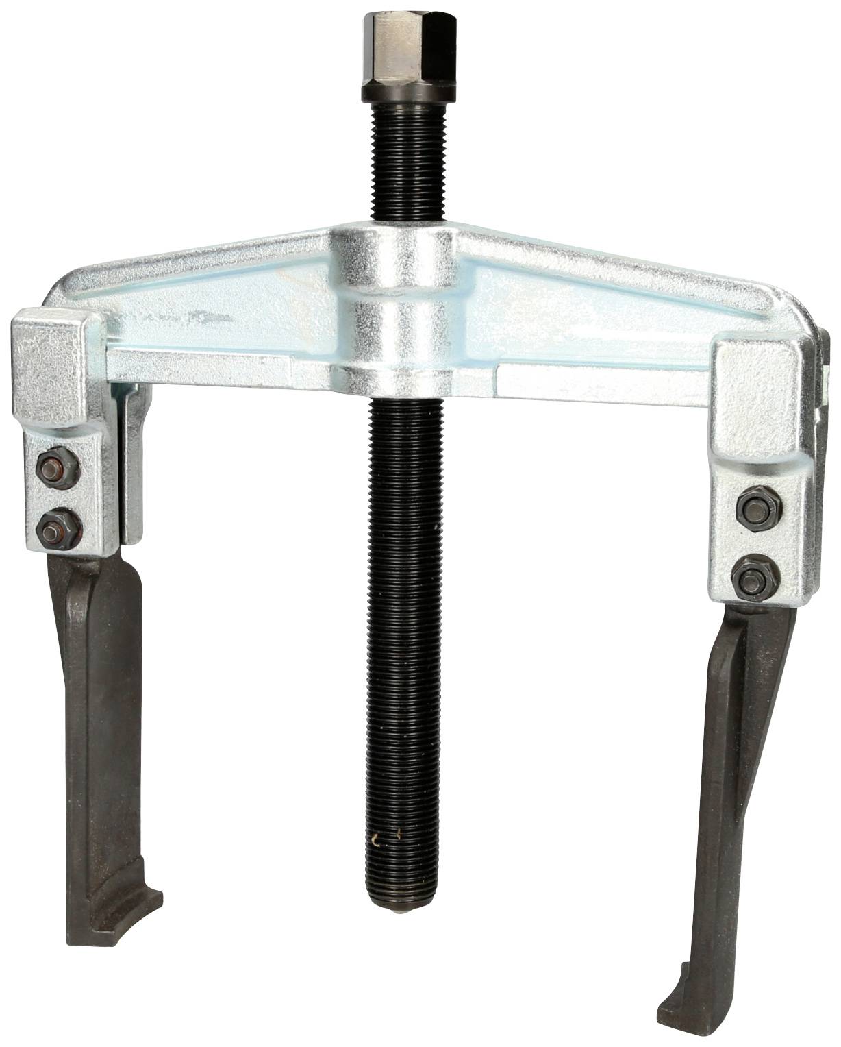 A three-legged puller with a metal body and black screw, for removing bearings or gears.
