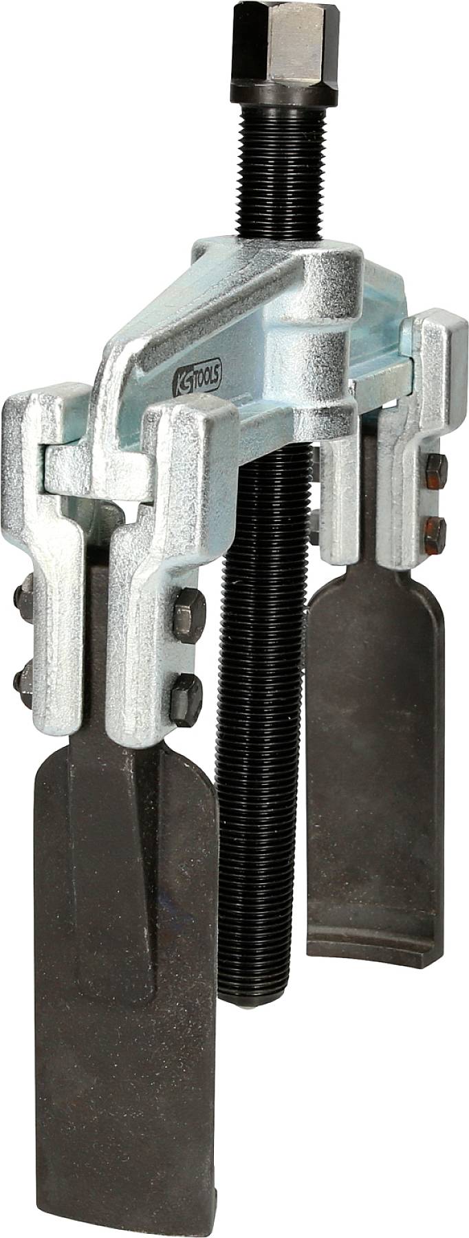 A mechanical puller with two metal clamps and a central screw for removing bearings or gears from shafts.