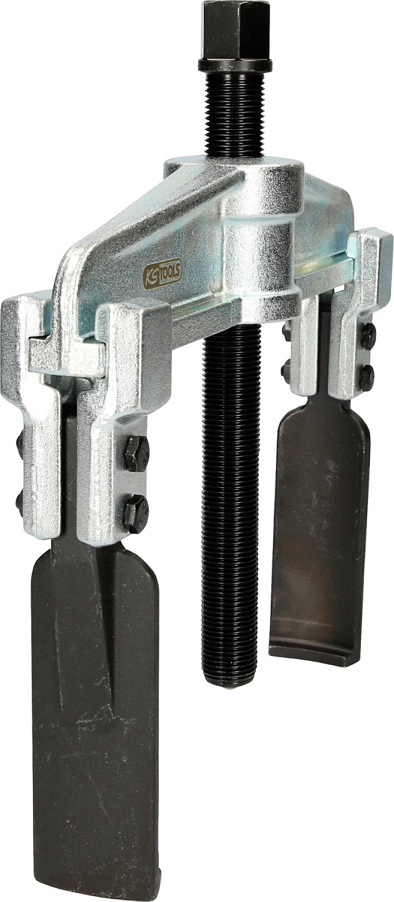 A puller tool with two long, flat gripping arms and a central threaded rod for removing seized parts.