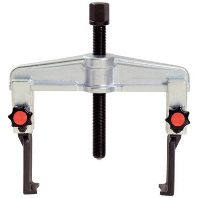 A two-legged metal puller with a red rotary knob on the arms, black screw on top, used for removing bearings and gears.