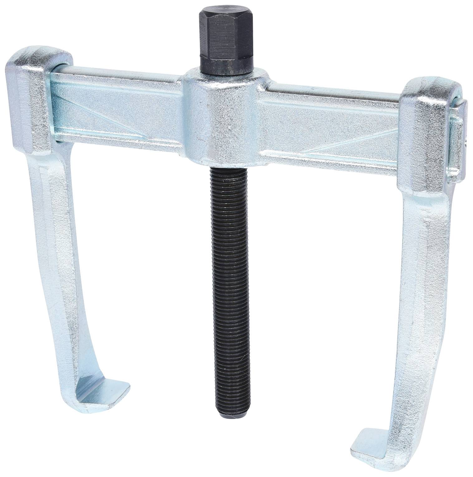 A metallic puller with two hooks and a central screw, used for removing gears or bearings in mechanical devices.
